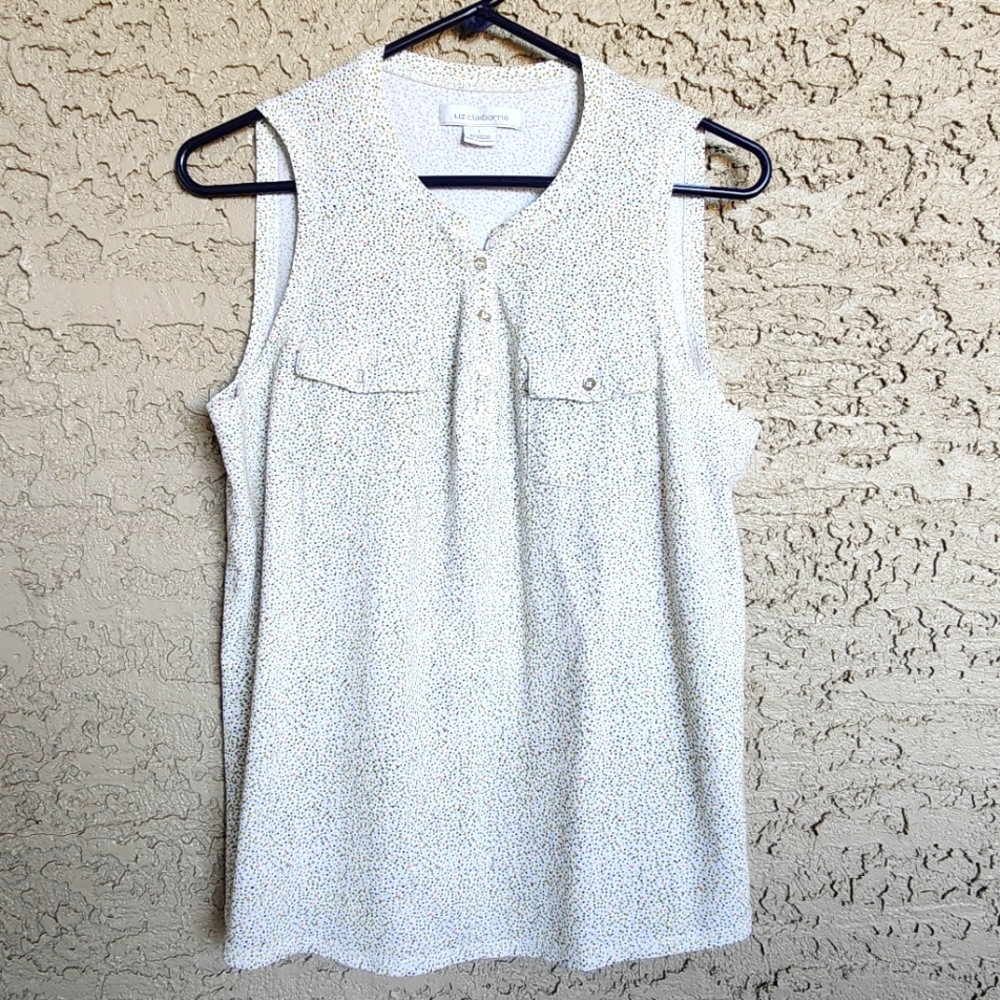 Liz Claiborne White Sleeveless Casual Top With Multicolor Confetti Print Large
